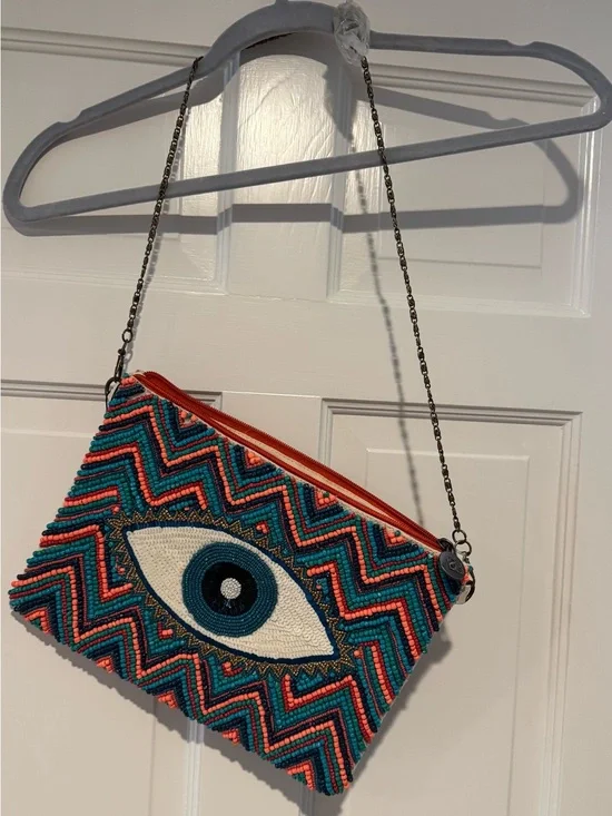 Eye-Embellished Beaded Crossbody Bag in Teal & Coral