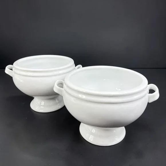 Crate & Barrel White Porcelain Footed Soup Bowls‎ with Handles Set of 2