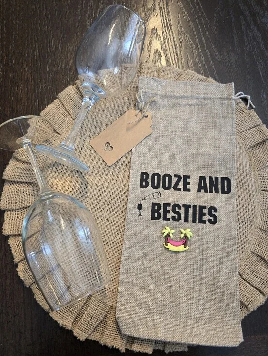 Booze And Besties Wine Bag Funny Burlap Bottle Gift Tote Girls Trip Best Friend