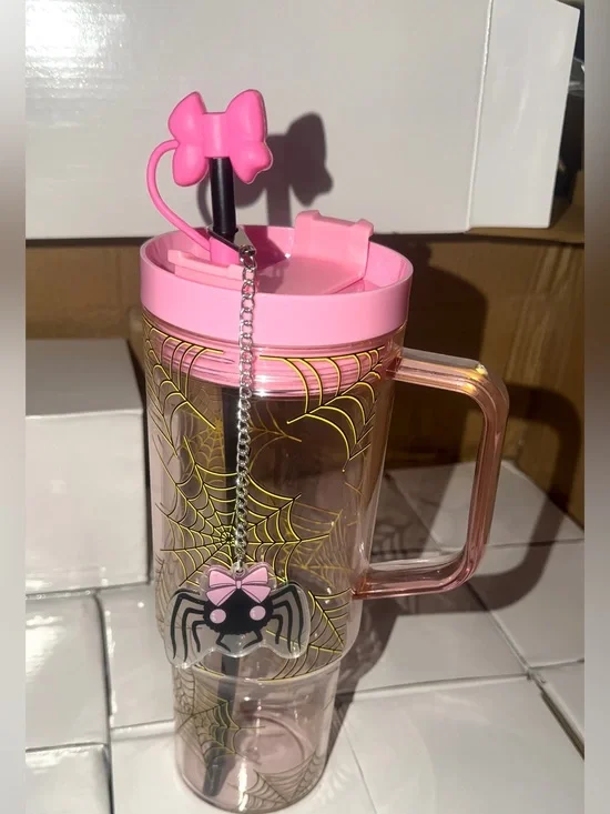 40 oz Pink Spiderweb Handled Acrylic Tumbler w Lid Straw Chain Halloween