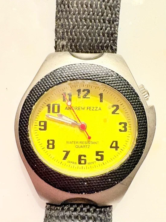 Andrew Fezza Yellow Dial Watch with Black Bezel and Strap Water Resistant Quartz