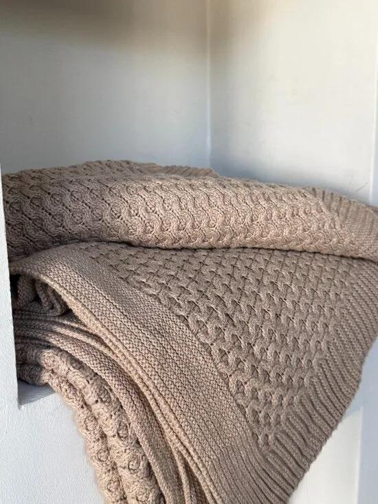 Boll & Branch Organic Cotton Cable Knit Throw Blanket Taupe Beige 55x70