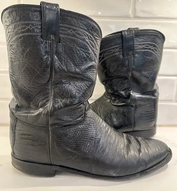 Vtg Justin 3112 Lizard Skin Cowboy Boots Mens Sz 12 EE USA Black Exotic Western