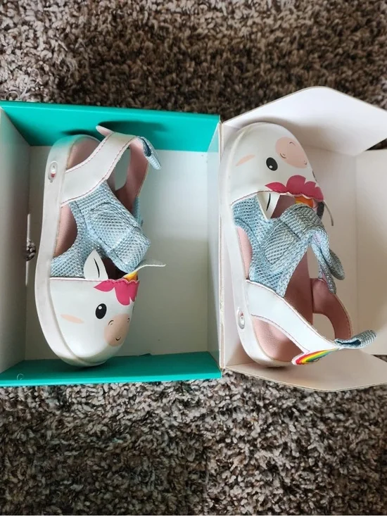 Unbranded Girls' White Unicorn Sandals with Light Blue Straps