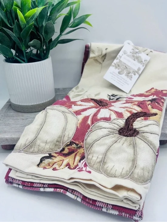 SHABBY CHIC KITCHEN TOWELS (3) PUMPKINS RUST GOLD LEAVES 100% COTTON NWT