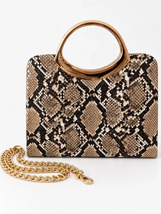 Snake-Print Clutch with Gold Handle and Chain
