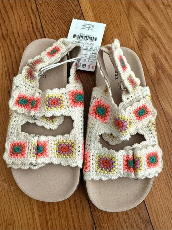 NWT Zara kids Crochet Strappy Sandals - Cream with Coral & Teal Accents 27- 10