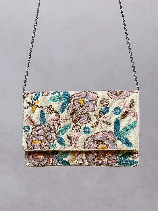 196 POL Beaded Floral Clutch in Cream with Pink & Teal Accents