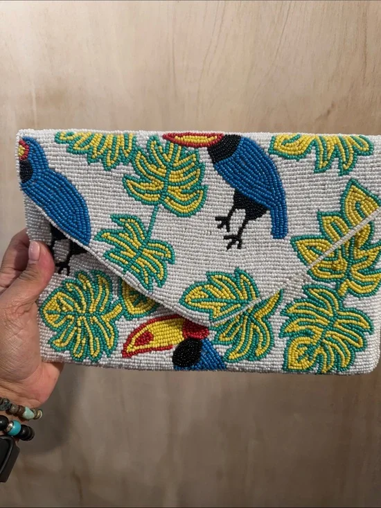 Aratta Beaded Toucan Envelope Clutch - White, Blue, Yellow, Green