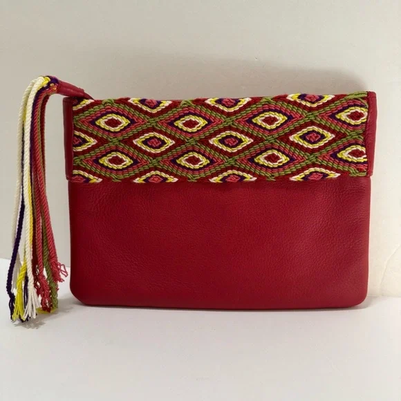 Fiori Coleccion Red Genuine Leather Embroidered Tassel Clutch Bag NWOT 10x7 Boho