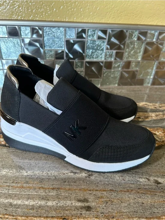 Michael Kors Black and White Slip-On MK Logo Sneakers