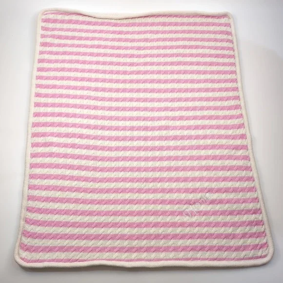Pottery Barn Kids Cable Knit Baby Blanket Pink & Cream Stripe Sherpa 29x37 NORA