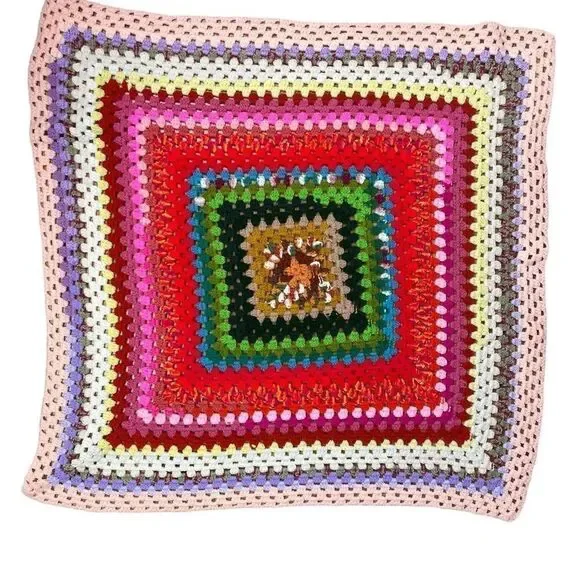 Vintage Afghan-Granny Blanket Multi Color Handmade 36x36 Boho 70s Sm Throw EUC