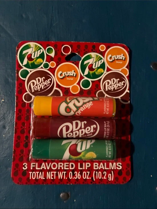 3-Pack Soda Flavored Lip Balms - 7UP, Dr Pepper, Crush Orange