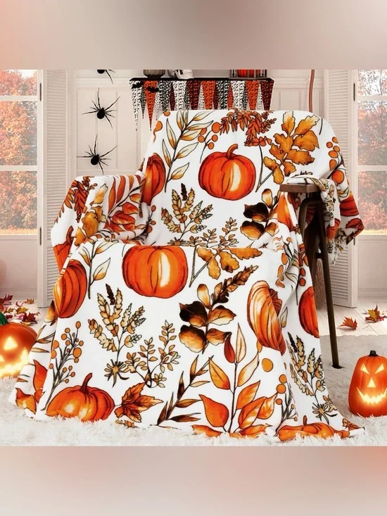 NWT Halloween Throw Blanket Fall Fuzzy Fluffy Cozy Soft Pumpkin Leaves