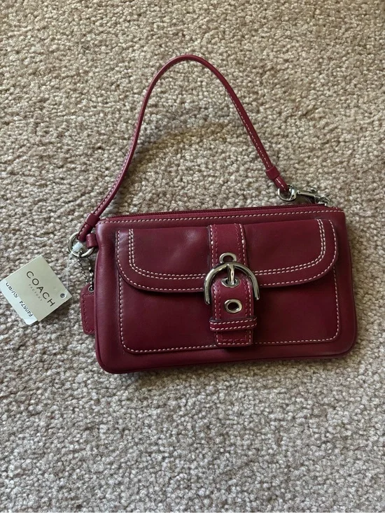 Coach Wine Red Leather Wristlet with Front Buckle Pocket