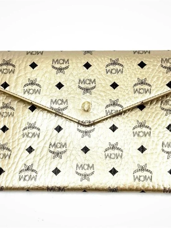 MCM Metallic Gold Monogram Envelope Clutch
