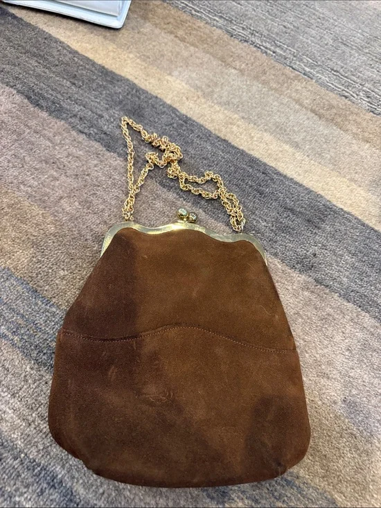 Brown Suede Frame-Top Chain Clutch