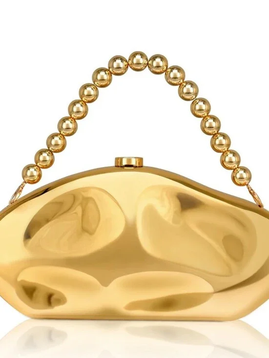 Gold Sculpted Evening Clutch with Beaded Handle