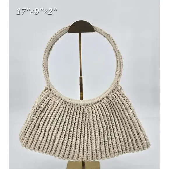Handmade Boho Neutral‎ Macramé Circle Handle Bag – Warm Oyster Cream