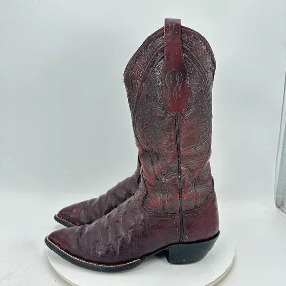 Tony Lama Men Size 7D Burgundy Full Quill Ostrich Leather Pull On Western Boot