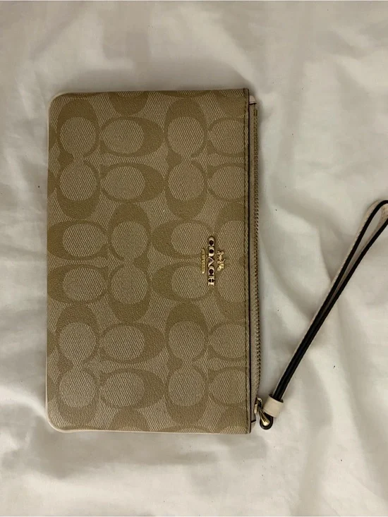 Coach Tan Signature Zip Wristlet with Gold Logo