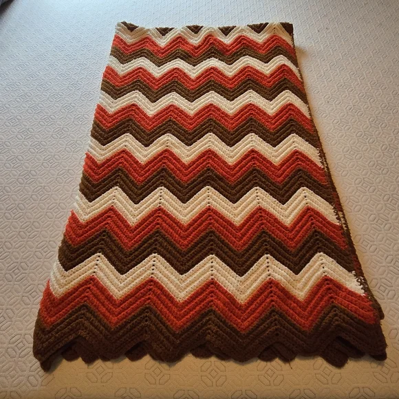 Chevron Knit Blanket in Brown, Red-Orange, and White