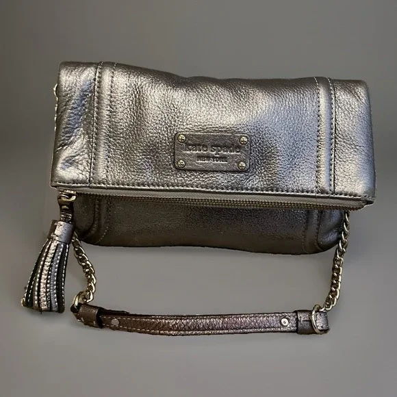 Kate Spade New York Metallic Leather Pewter Bag Shoulder Chain Strap/clutch Y2k