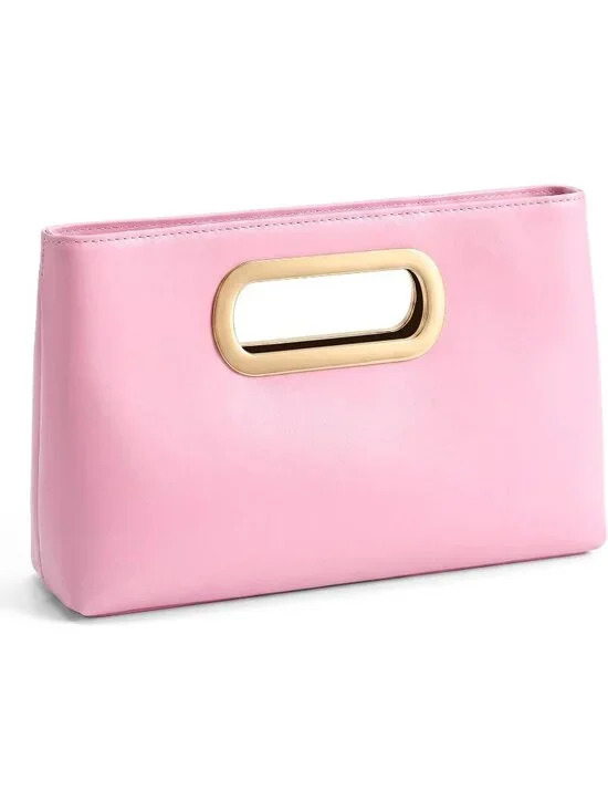 Womens Pink Clutch Handbag Modern Faux Leather with Metal Handle Evening Bag