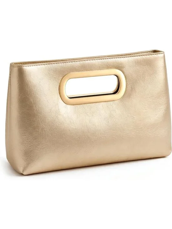 Women Gold Clutch Handbag Modern Faux Leather with Metal Handle Evening Bag