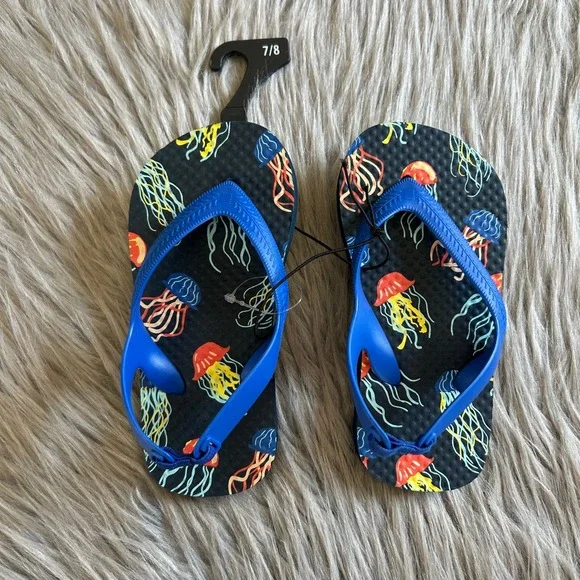 Wonder Nation Flip Flops Toddler Boys Size 7-8 Blue Jellyfish Sandals‎ Shoes