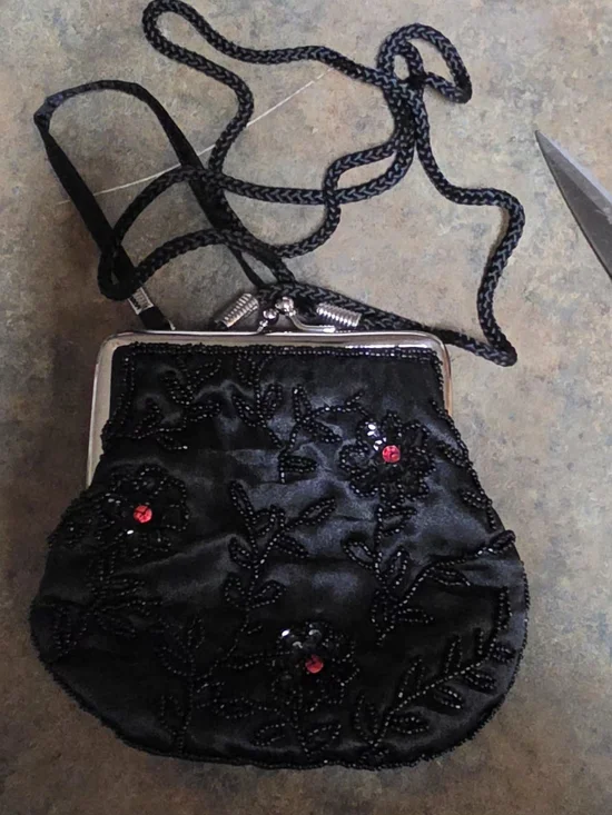 Black Mini Beaded Evening Crossbody Bag with Red Roses