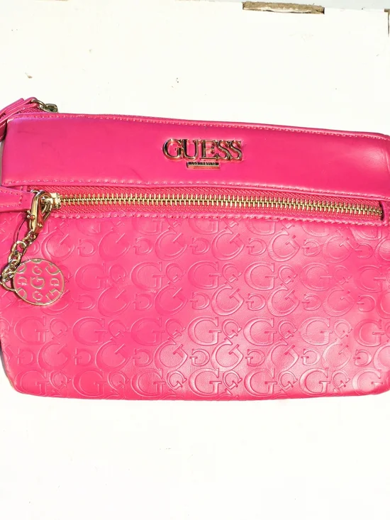 GUESS Hot Pink Embossed Logo Wristlet with Gold Hardware