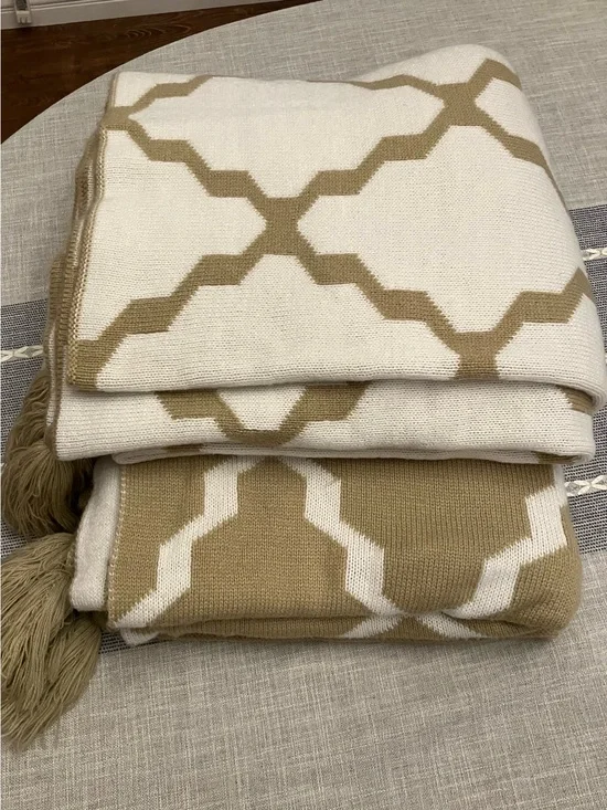 TWO Pottery Barn Camel & Ivory Geometric Knit Throw Blankets