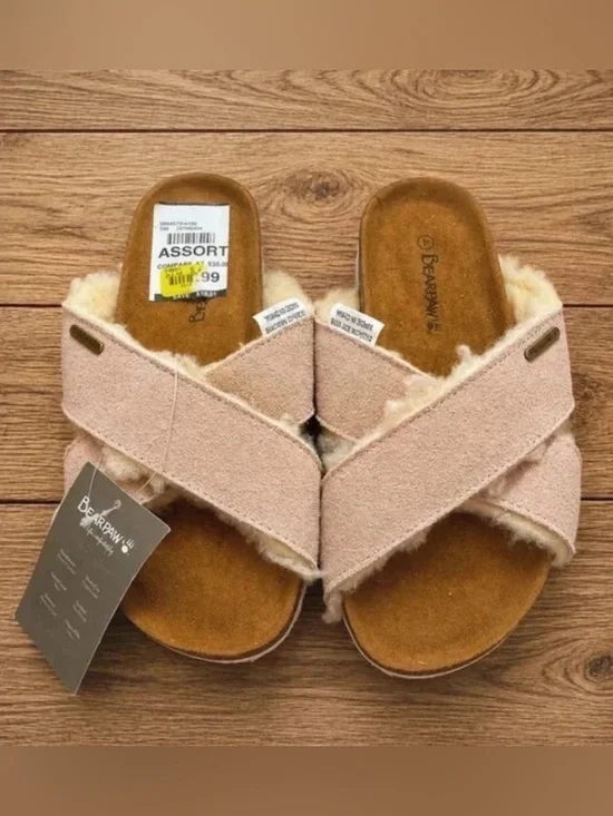 BearPaw Girls Blush Pink Suede Shearling Cross-Strap Slide Sandals