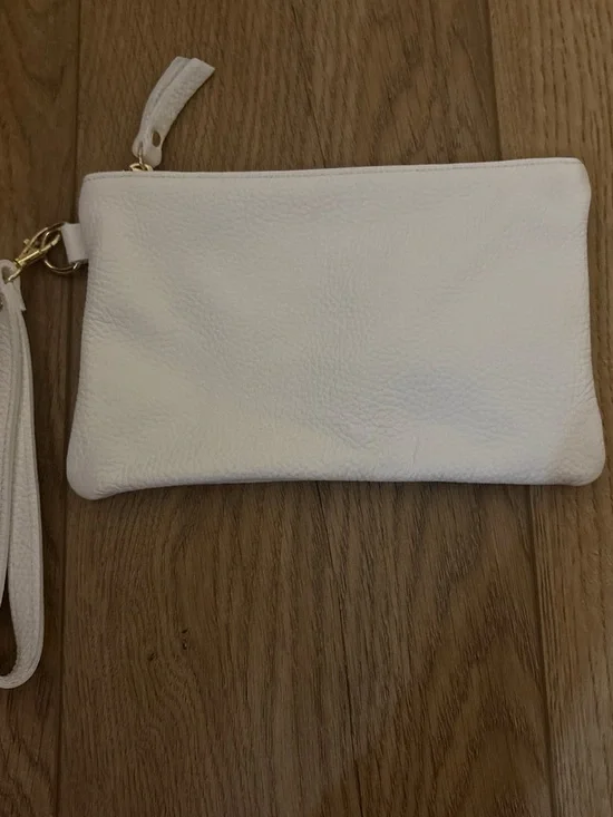 Minimal White Leather Wristlet Clutch with Removable Strap