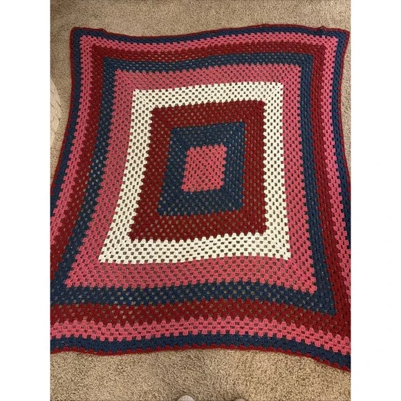Handmade Crocheted Granny Square Pink Wine Navy Cottage Afghan Blanket 79