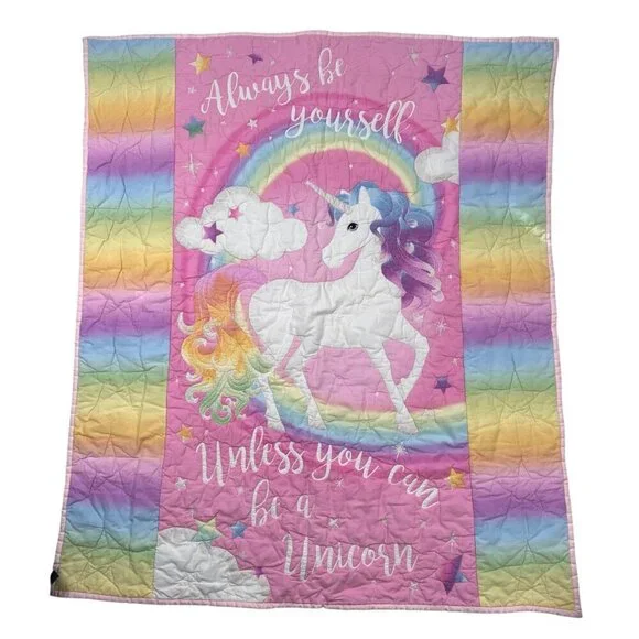 Vintage Children’s Quilt Throw Rainbow Unicorn Be Yourself Cottage
