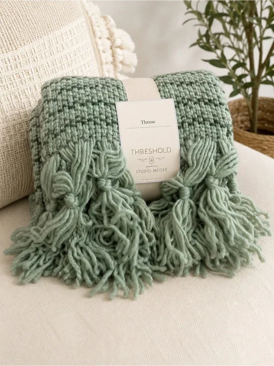 Studio McGee Mint Sage Knit Throw with Fringe