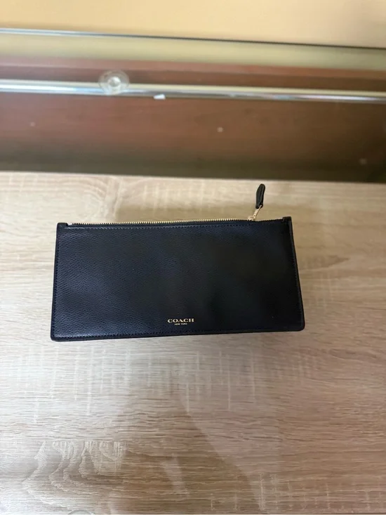 Coach Black Leather Zip Wallet with Gold Logo