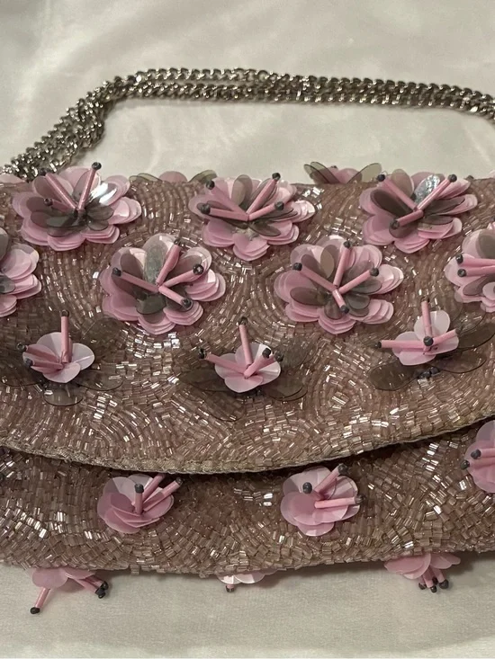 Beaded Floral Clutch Taupe/Pink Silver Chain Strap Snap Lined
