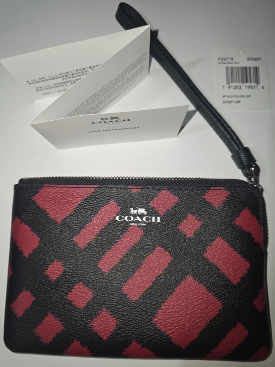 COACH Zip Wristlet Red Black Plaid Print NWT
