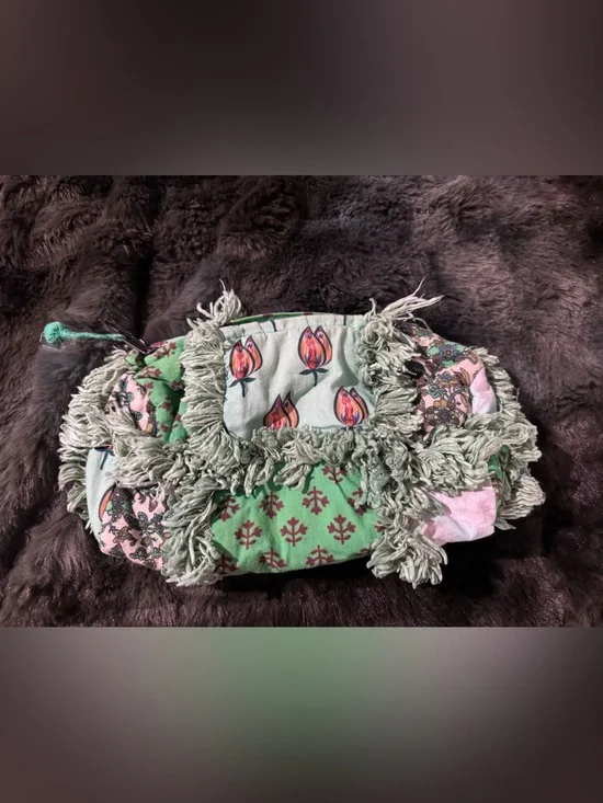 Anthropologie Green Patchwork Shag Fringe Boho Clutch Bag