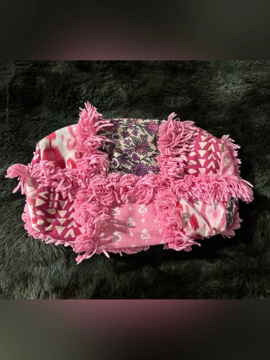 Anthropologie Pink Patchwork Shag Fringe Boho Clutch Bag