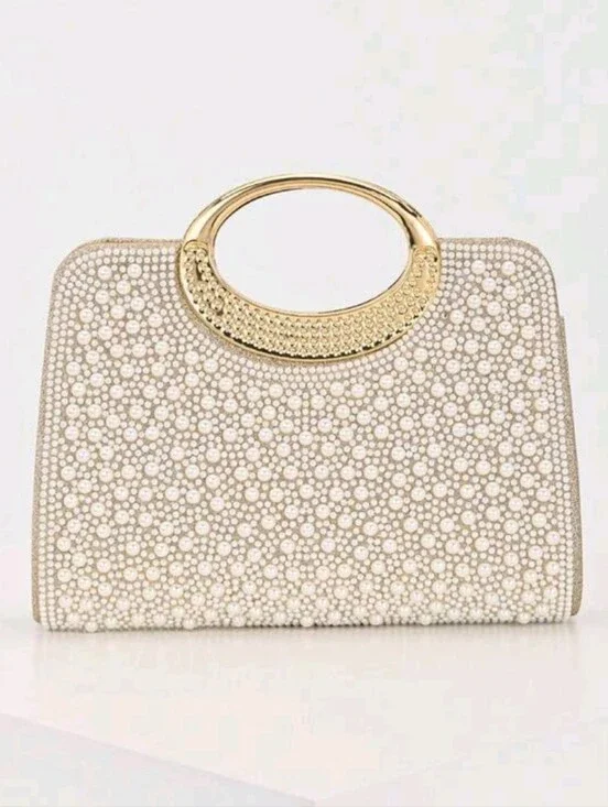 BRAND NEW ** Elegant Pearl-Embellished Cream Evening Clutch with Gold Handle