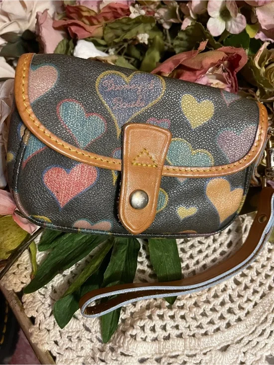 Dooney & Bourke vintage Multicolor Heart Print Wristlet with Brown Trim