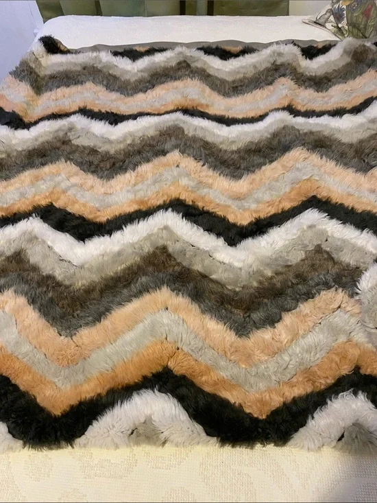 Tahari Chevron Faux Fur Throw Blanket in Cream, Black, Tan, Gray