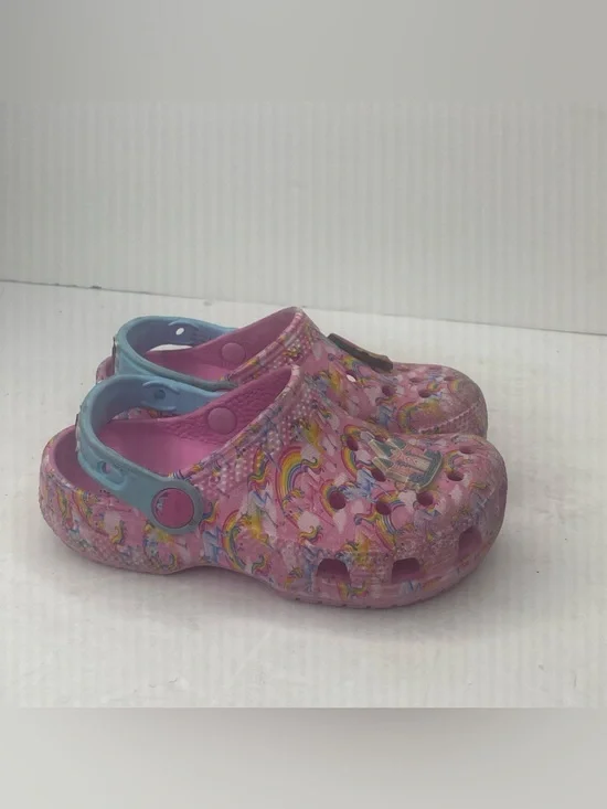 CROCS Pink Rainbow Print Clogs with Blue Heel Strap