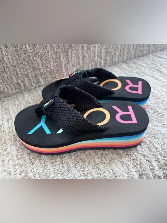Little Girls 11 Roxy Rainbow Kallie II Wedge Flip Flop Sandals Platform Black
