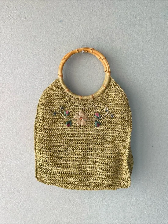 Scala Gal | Y2k Green Woven Twine Flowers Bamboo Handles Handbag Purse